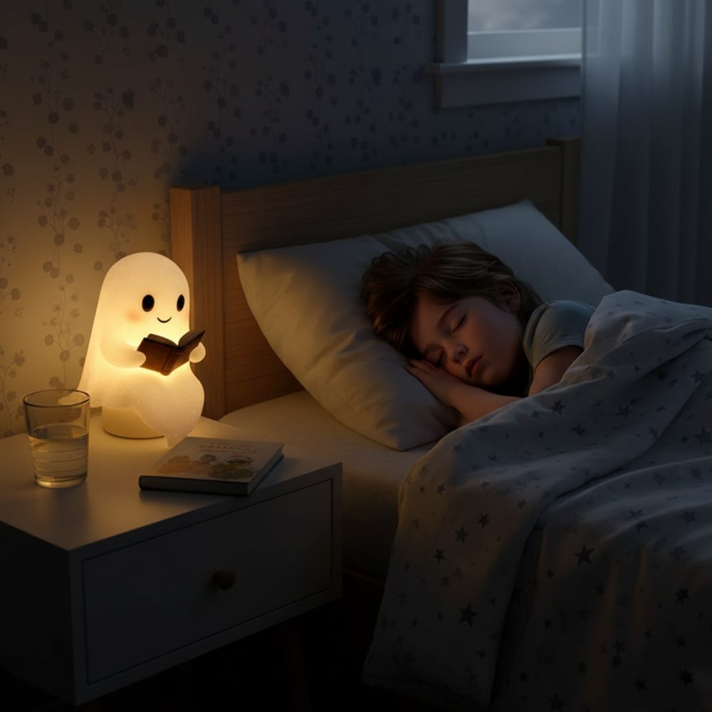 NachtGeist Leuchte auf dem Nachttisch neben einem schlafenden Kind