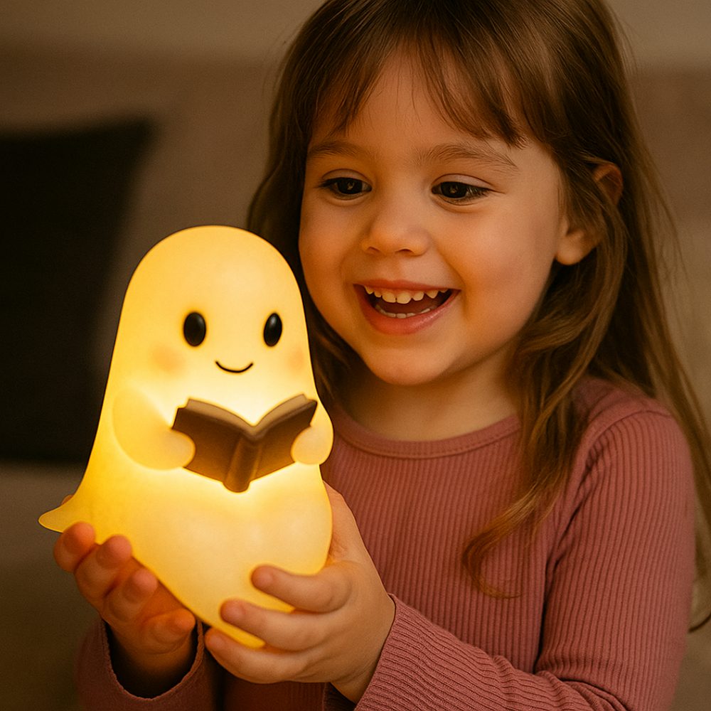 Kind hält die leuchtende NachtGeist Lampe in den Händen
